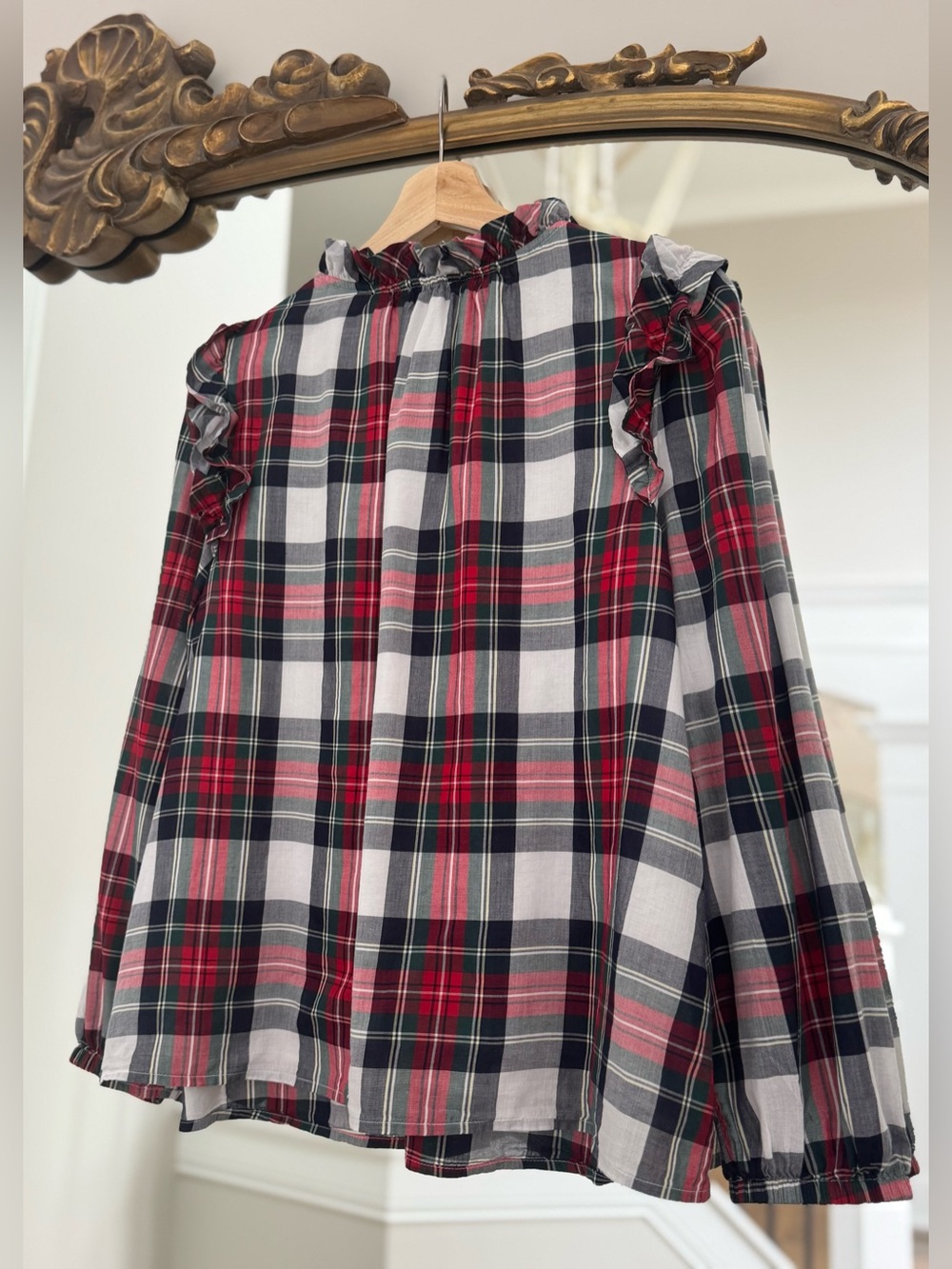 Vineyard Vines Womens Red Plaid V-Neck Ruffle Long Sleeve Relaxed Top, Size Med - Picture 2 of 5